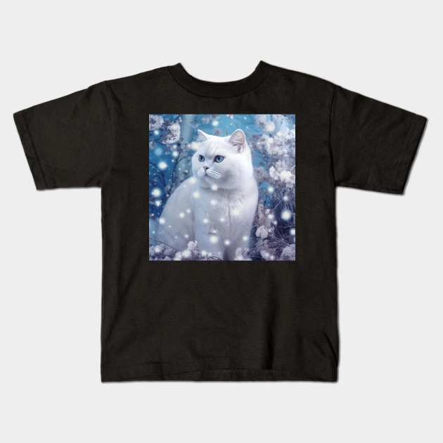 Snowy British Shorthair Cat Kids T-Shirt by Enchanted Reverie